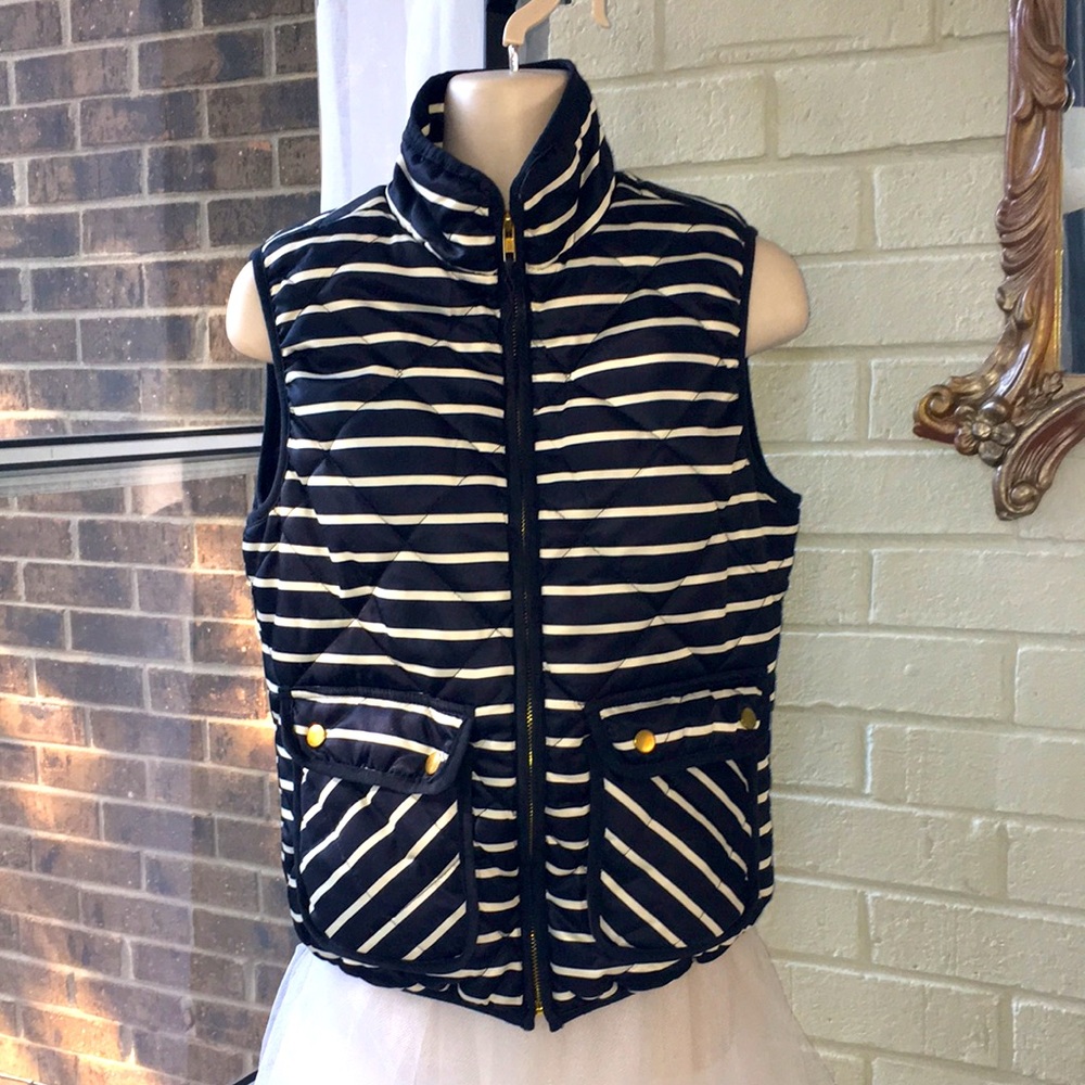 For SIENNA Navy black white striped puffer WARM zip ELASTIC waist pocket vest S